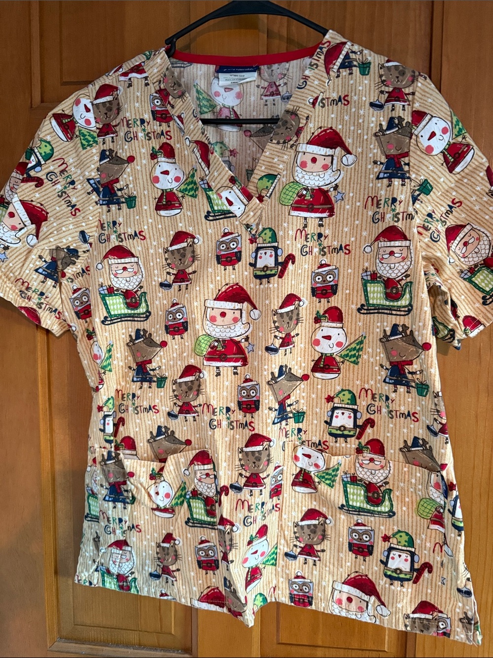 Tafford Holiday Print scrub Top — Beige, Red, Green